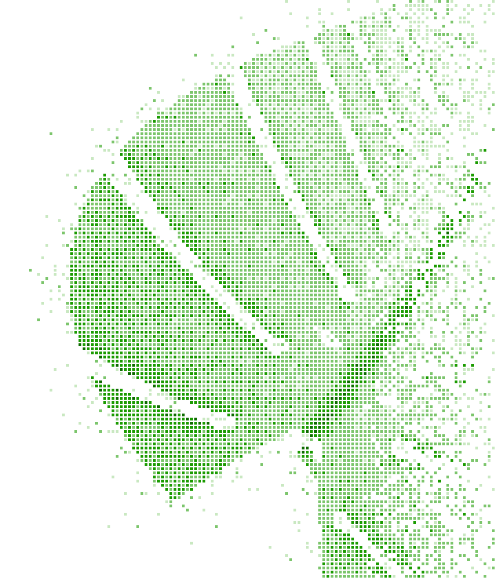A monstera leaf drawn in small squares of four greens.