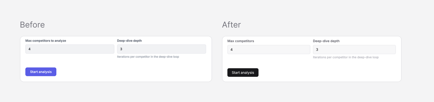 The first version with a purple button, beside the neutral palette with black buttons that replaced it.