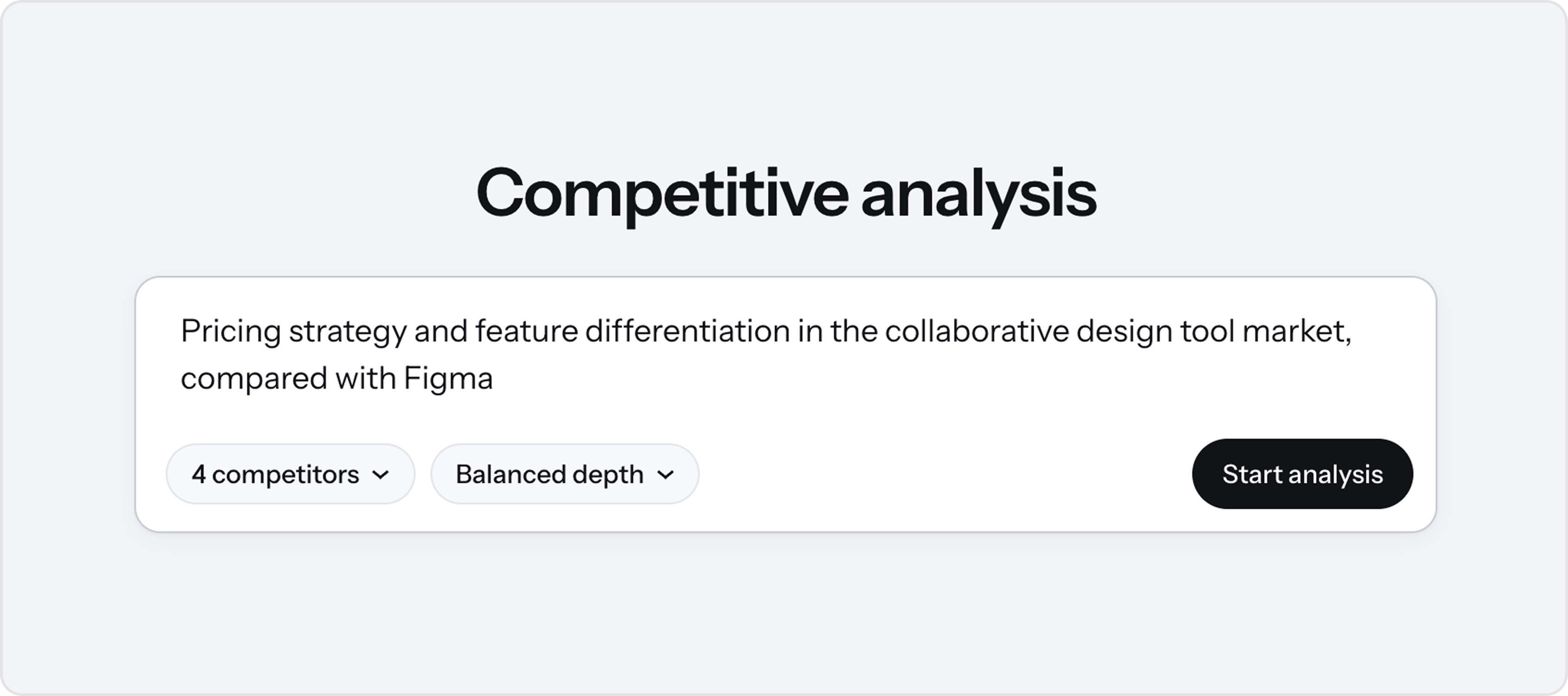 Start screen with a brief typed in asking to compare pricing and features across design tools against Figma, with the competitor count and depth settings below.